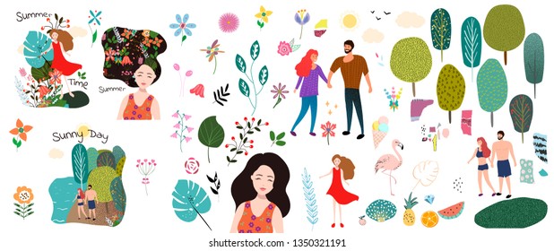 summer collection with hand drawn flowers, tree, people. Art landscape with forest river, tropic leaves. Travel design card with woman, man