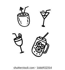 Summer collection. Hand drawn icon set with coconut and coctails. Sticker pack for print and digital