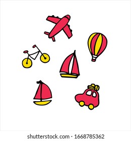 Summer collection. Hand drawn icon set with yacht, bicycle, baloon, car, plane. Sticker pack for print and digital