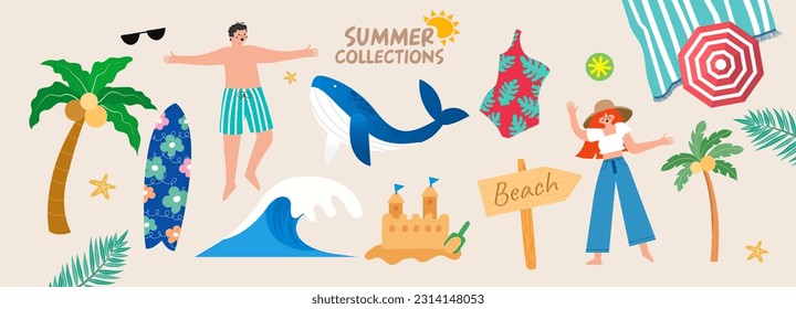 summer collection illustration. Banner, vector, coconut tree, human, Bikini, Beach sign, Wale, Sea wave,  ฺBeach blanket  and Surf board.