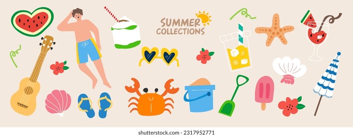 summer collection illustration. Banner, vector, Watermelon, Coconut juice , Ukulele, Shell, Sunglasses, Crab, Ice Crea, Watermelon juice, Lemon Juice and umbrella