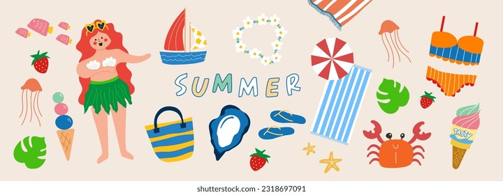 summer collection illustration. Banner, vector, human, bikini, oyster, crab, ice cream, beach blanket, ship and fish.