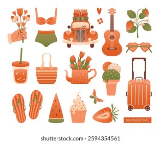 Summer collection of isolated icons, illustrations. Vector cartoon clip arts in flat style. Car, guitar, swimwear, cocktail glass, ice cream, slice of watermelon, suitcase. Vacation concept, beach.