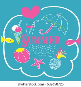 Summer collection of items as pineapple, starfish, sea, ice-cream. lemonade and parasol. Vector illustration on turquoise background