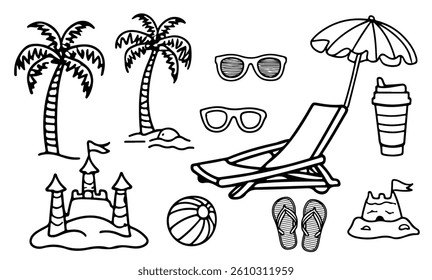 Summer collection. Line art. Hand drawn vintage drawing. Summer holidays collection. Dolce vita drawings for postcards, stickers, summer sale banners.