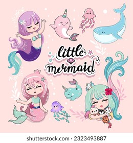 Colección veraniega de sirenas y ballenas en un fondo rosado. Ilustración de dibujos animados. Arte para niños