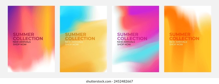 Summer Collection. New Arrivals. Promotional flyers set. Summertime season abstract blurred color backgrounds for business, seasonal shopping promotion and advertising. Vector illustration.