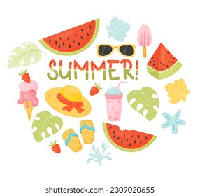 Sommerkollektion. Wassermelonen, Eiscreme, Strohhut und Flip Flops, Muscheln und Schrift Sommer mit Wassermelonen Muster. Vektorgrafik im Cartoon-Stil. Einzige Elemente auf Weiß