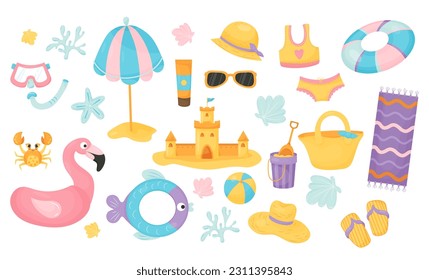 Summer collection. Sand castle, sun umbrella, life buoy, flamingos, ball, beach items and shells, mask with snorkel, crab and swimsuit. Vector illustration in cartoon style. Isolated cute elements svg
