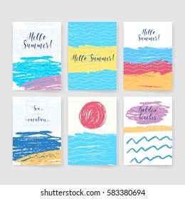 Summer collection. Sea background. Invitation. Card with ink grunge texture. Retro patterns for Posters, Flyers and Banner Designs 