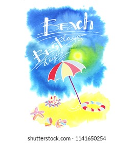 Summer collection. Sea background. Vector calligraphic inscription on watercolor background for poster, T-shirt or postcard.