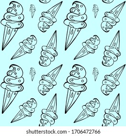 Summer collection of seamless patterns, blue background and black contour drawing. Illustration of ice cream in a waffle cone in doodle style. Used in the design of children's fabrics, packaging.