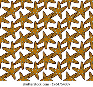 Summer collection of seamless patterns, color background and black contour drawing. This pattern consists of a starfish, used in the design of children fabrics, printed products. Vector illustration