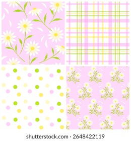 Zomercollectie van naadloze vectorpatronen. Handgetekende madeliefjes op paarse achtergrond, pastelstippen en plaid design. Perfect voor textielprints, digitale scrapbooking, seizoensgebonden projecten.