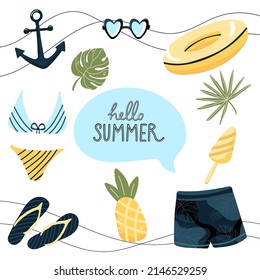 Summer collection. Set of cute summer elements: clothes, leaves, fruits, swimming circle, anchor