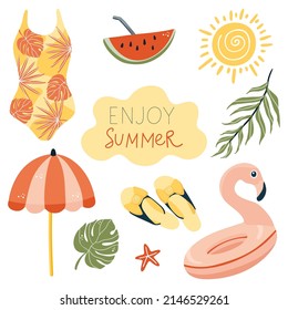 Summer collection. Set of cute summer elements: clothes, leaves, swimming circle, umbrella and sun.  Perfect for summertime poster, card, banners. Hand drawn vector illustration 