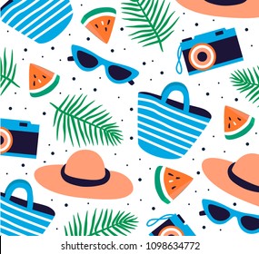 Summer collection. Set of summer icons and design elements. Summer print. Colorful summer pattern with beach elements.