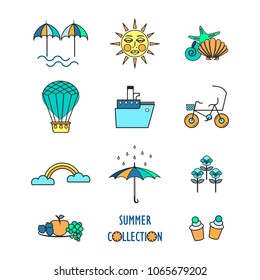 Summer collection of signs and symbols for travel and vacations. Flat style  vector, isolated on the background and easy to apply for tourist design.