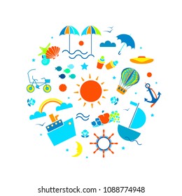 Summer collection of signs and symbols for travel and vacations. Made in  vector, isolated on the background and easy to apply for tourist design.