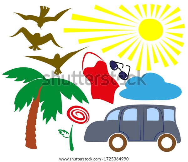 Summer collection of\
simple elements in flat style on a white background. Images of\
cars, palm, flower, birds, clouds, swimsuit, sunglasses and sun.\
EPS10 vector\
illustration