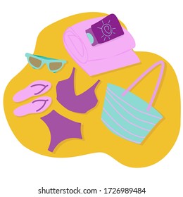  Summer collection. Stock vector flat illustration isolated on white background of colorful funny summer characters such as beach bag, sun protective cream, towel, swimsuit, flip flops, sunglasses.