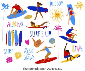 Summer collection of surfing design elements. Funny cartoon surfer characters set. 