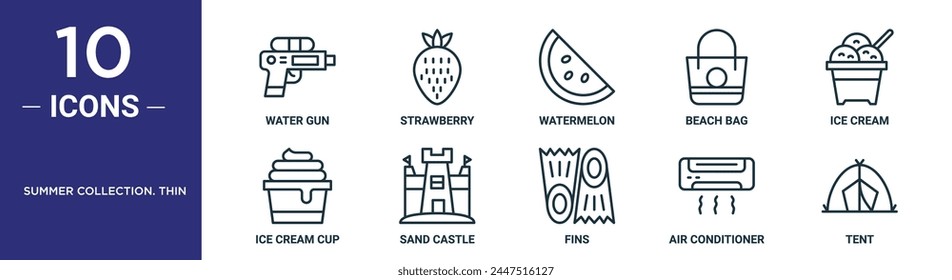 summer collection. thin outline icon set includes thin line water gun, strawberry, watermelon, beach bag, ice cream, ice cream cup, sand castle icons for report, presentation, diagram, web design