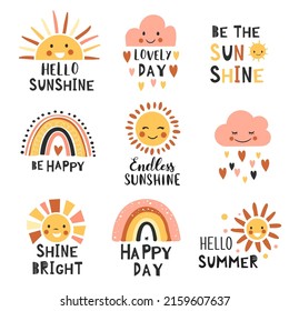 Summer collection with typographic design elements. Sun, rainbow, and clouds. Hand drawn vector illustration.