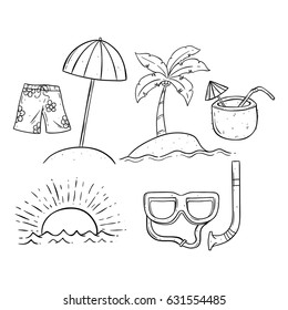 summer collection using sketchy style with coconut water, sunset and umbrella