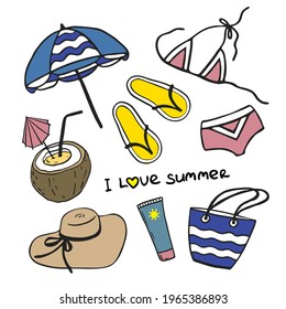 Summer collection of vector beach icons. Handmade beach umbrella, Bikini, Sunscreen, Hat, Coconut Cocktail, Flip flops, Beach Bag