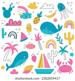 Summer collection. Vector illustration of colorful funny doodles of summer symbols such as whale, ice cream, palm tree, fish, cactus, ship, shell, pineapple, strawberry, rainbow, sky and octopus