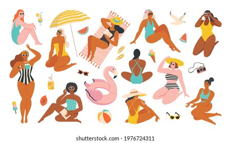 Summer collection. Vector illustration of resting women and objects and fruits with summer holidays and vacation by the sea. Creator scene in a vintage flat style.