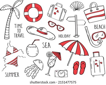 Summer collection. Vector set of colorful funny doodle hand-drawn summer travel symbols.