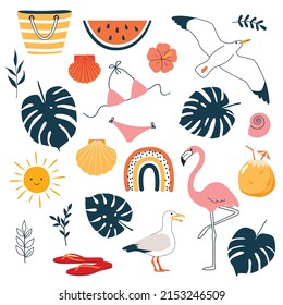 Colección de verano. Conjunto vectorial de coloridos y divertidos símbolos de verano del doodle, como flamingo, gaviota, hojas tropicales, arcoiris, tabla de surf. 