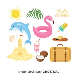 Summer collection of vintage design elements. Set of cute vector icons. Sun, dolphin, seashell, sand castle, flamingo inflatable float, ice lolly, ice cream, palm leaf, coconut, cocktail, suitcase.