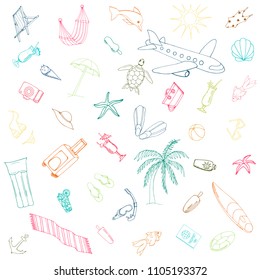 Summer collection  for your design. Tourism and vacation. Hand drawn background. Time of summer holiday