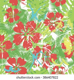 Summer coloful hawaiian seamless pattern with tropical plants and hibiscus flowers, with splashes vector illustration