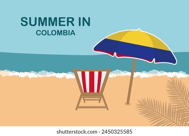 Summer in Colombia, beach chair and umbrella, vacation or holiday in Colombia, vacation concept vector design, summer holiday, sea sand sun, travel and tourism idea