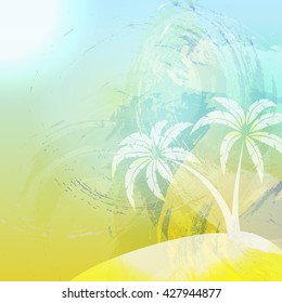 Summer color background with palm trees on the island. Vector illustration.