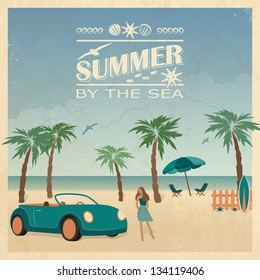 Summer color background in retro style with car, palm trees and young woman on the beach.