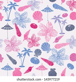 Summer color background in retro style with palm trees on the beach and flowers