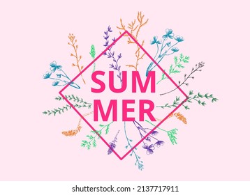 Summer color botanical background 
with silhouette herbs and flowers. Vector hand drawn vintage sketch. Eps template print for t shirt, wallpaper, label, card, poster, banner, pattern