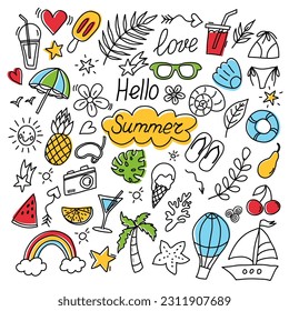 Summer color doodles icon set. Hand drawn lines icons collection. Set of summer beach items. Clip-art collection of things for vacation. Vector illustration isolated on white background.