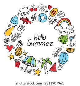 Summer color doodles icon set in round. Hello Summer. Hand drawn lines icons collection. Set of summer beach items.