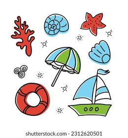 Summer color doodles icon set. Marine icons. Hand drawn lines icons collection. Set of summer beach items.