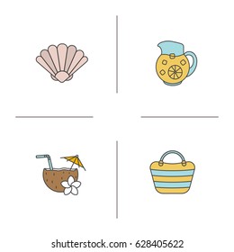 Summer color icons set. Sea shell, lemonade jug, beach bag and cocktail. Isolated vector illustrations
