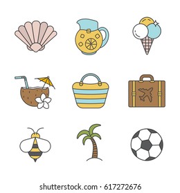 Summer color icons set. Seashell, lemonade jug, ice cream, beach cocktail, bag, palm tree, suitcase, bee, soccer ball. Isolated vector illustrations