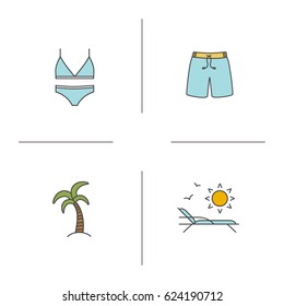 Summer color icons set. Women's swimsuit, swimming trunks, palm tree, beach chair with birds and sun. Isolated vector illustrations