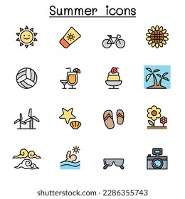 Summer color line icon set