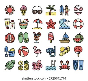 summer color outline vector icons summer and vacation concept